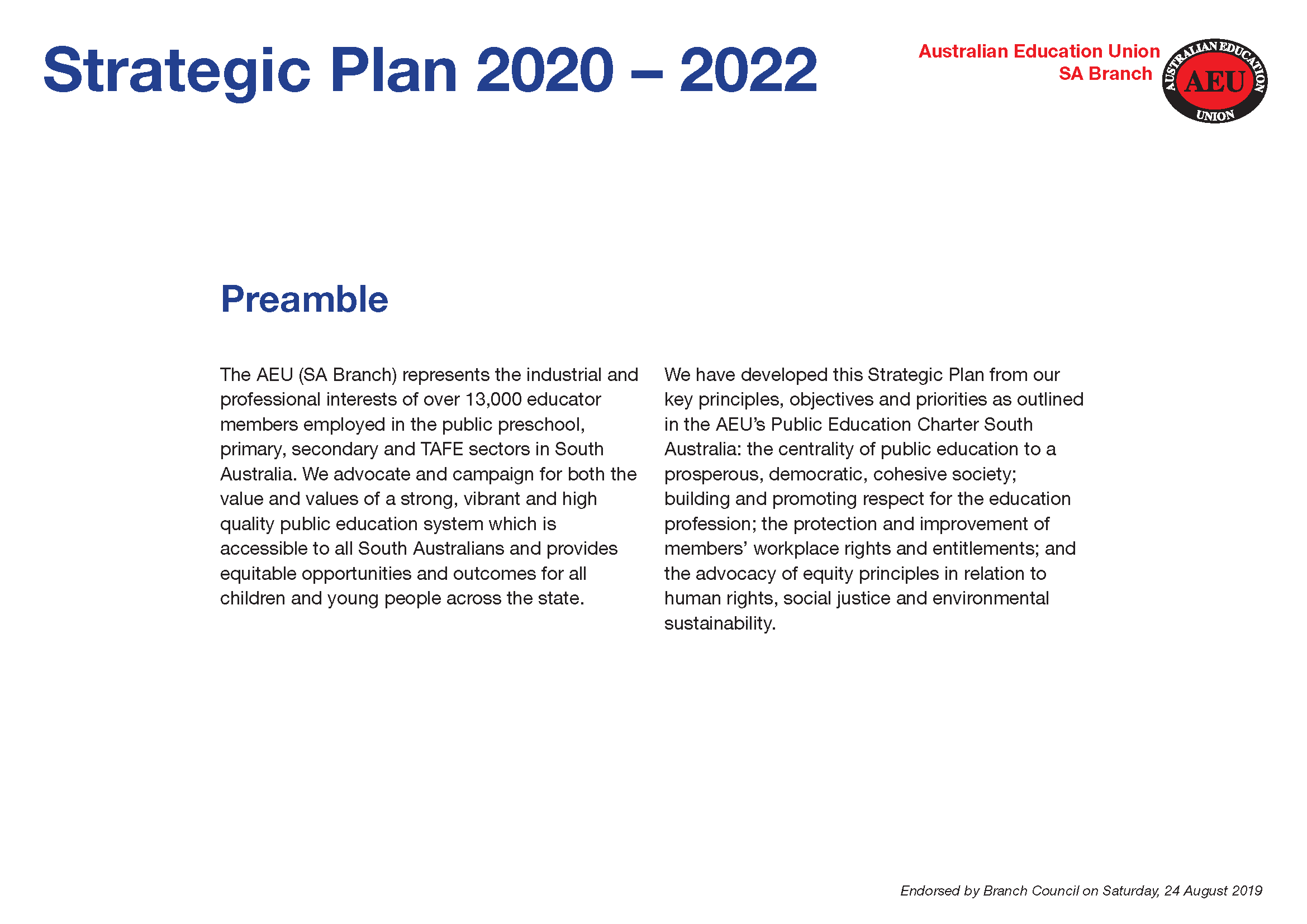 AEU SA Strategic Plan cover page